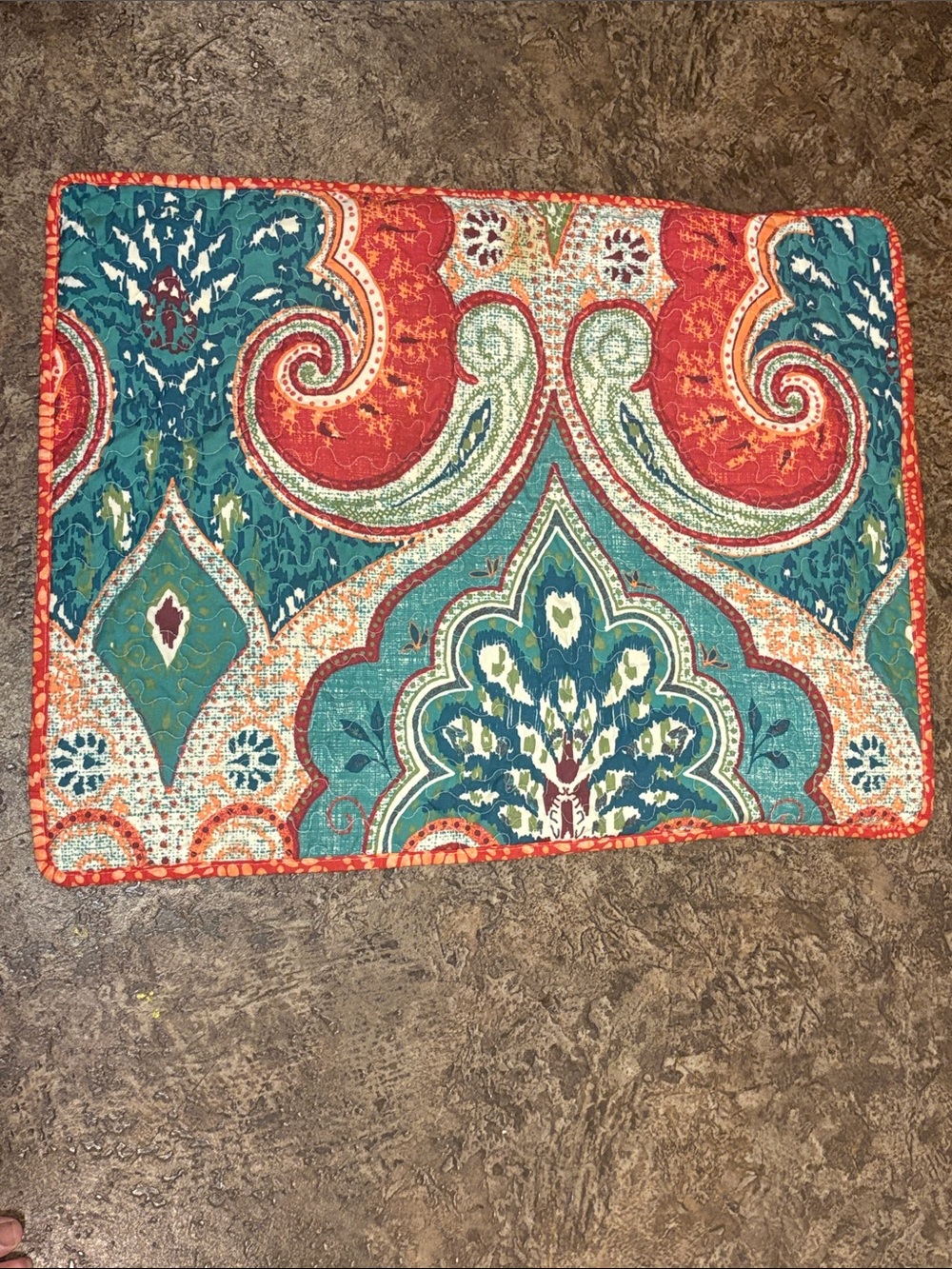 Two Bright Coral and Teal Paisley Quilted Home Accent pillow shams